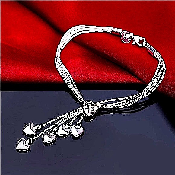 Heart Sterling Silver Tassel Charm Necklace Matching Bracelet Earrings Set - Picture 6 of 9